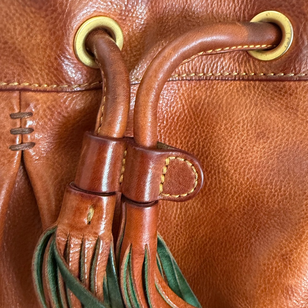 Dooney & Bourke Chestnut Florentine Leather Whipstitch Drawstring Bucket Bag - Picture 2 of 8